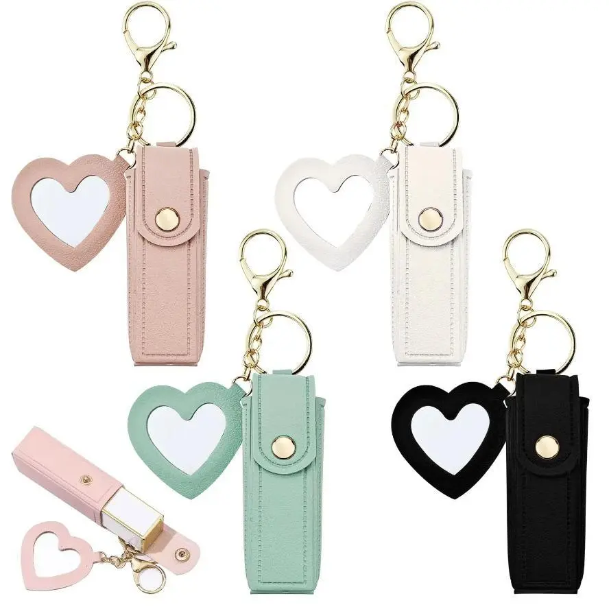 4 Pack PU Leather Chapstick Holder Keychain with Mirror | Lipstick Organizer for Women & Girls
