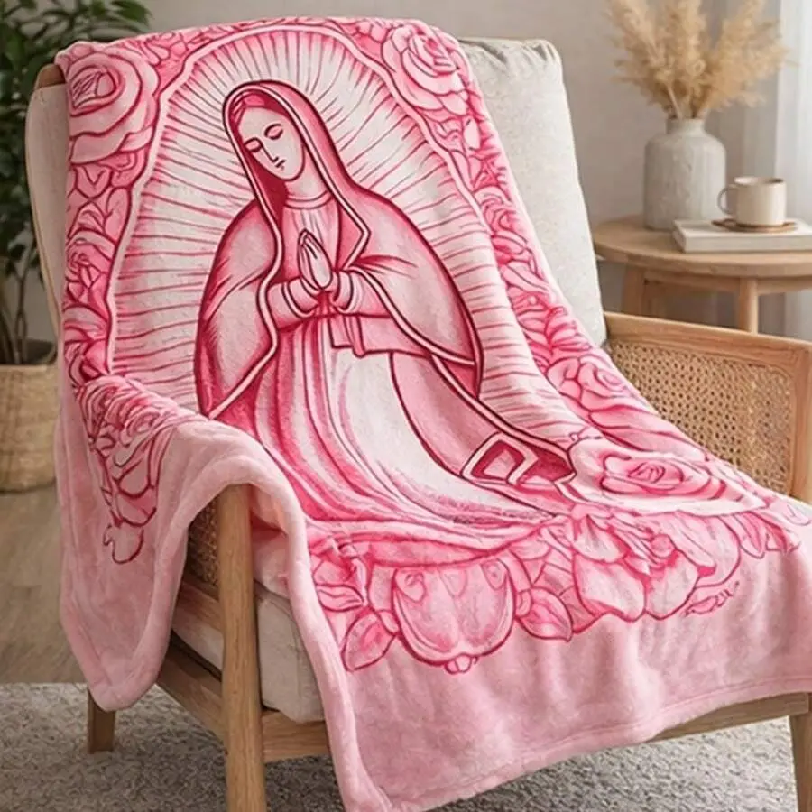 Pink Rose Border Our Lady of Guadalupe Praying Print Flannel Blanket, Soft Plush Throw, Warm Nap Bedroom Couch Blanket, Decorative Room Home Blanket, Giftable Blanket for Religious Catholic Faith Fans