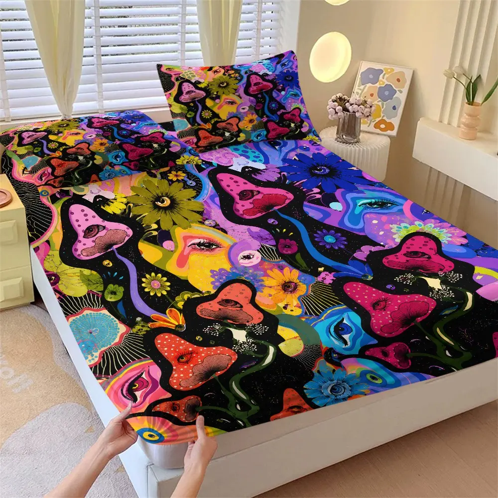 Three-Piece Bed Sheet Set, Psychedelic Mushroom Eye Flower Design, High Elasticity Mattress Cover, Base Graffiti Art Print