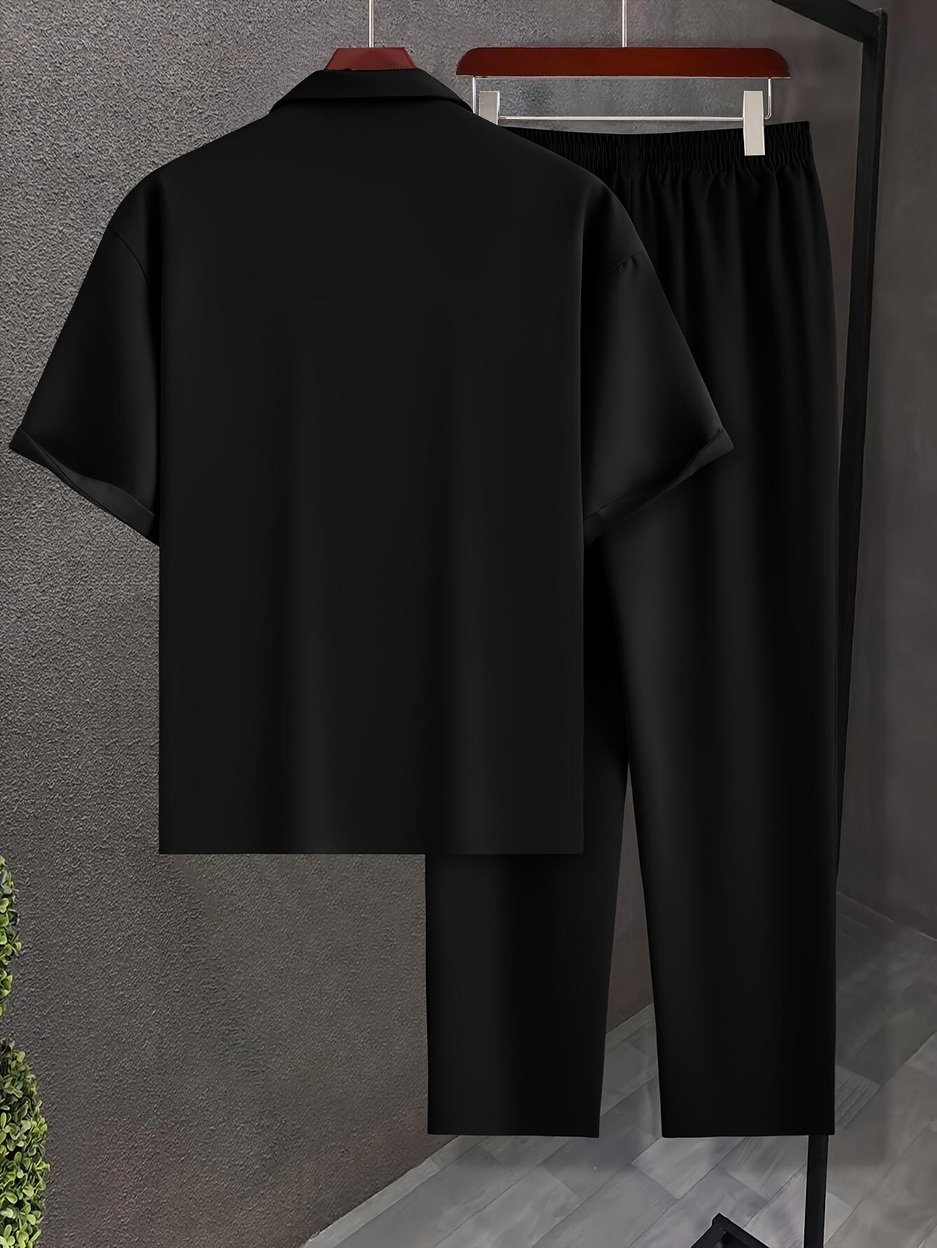 Men's Casual Set - Suit-Inspired Short Sleeve Shirt & Loose Straight Pants - Polyester, Machine Washable