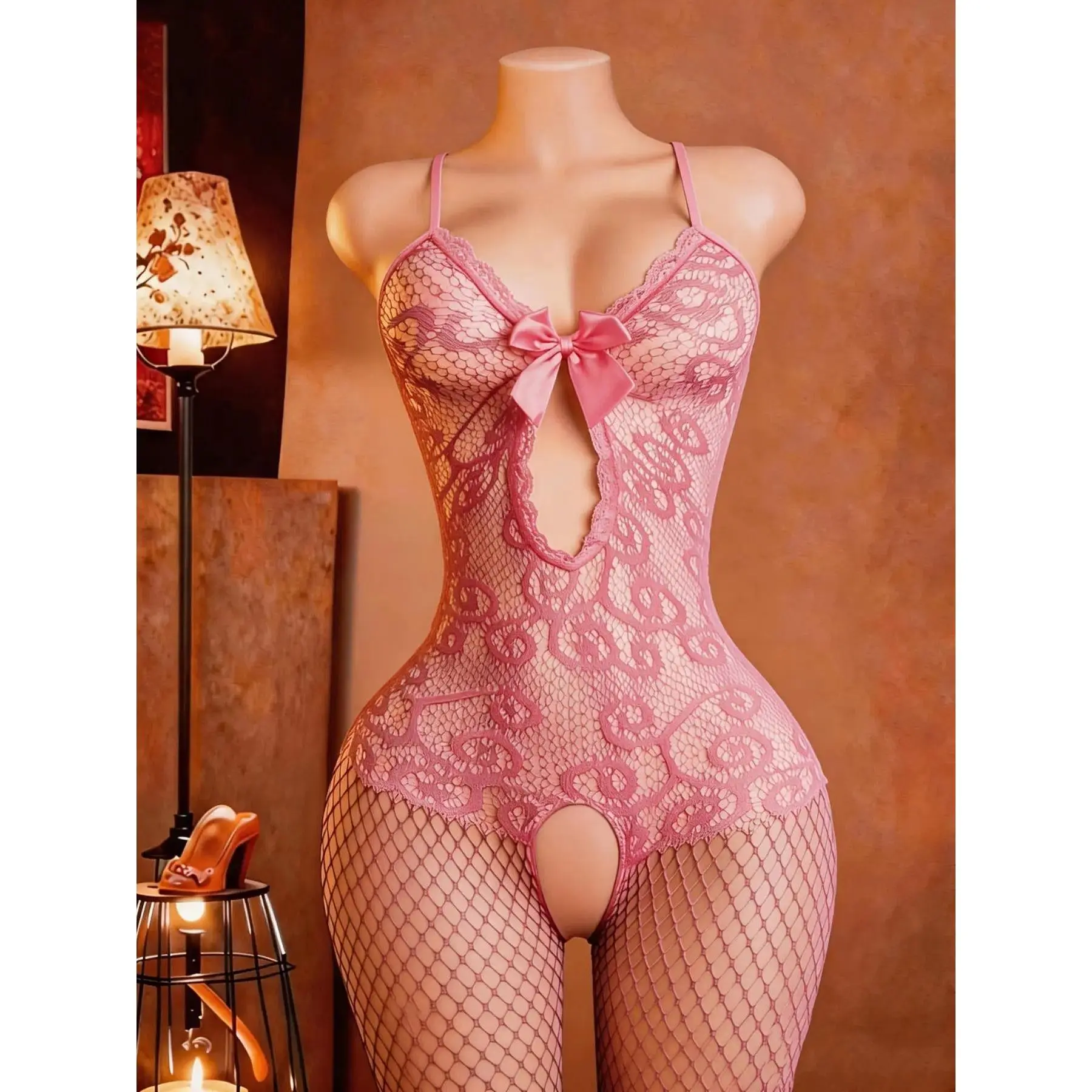 Plus Size Sexy Mesh Jumpsuit, Elegant Embroidered Tight Jumpsuit, Transparent Sleeveless Shoulder Design, High Elasticity Babydoll, Women's Lingerie
