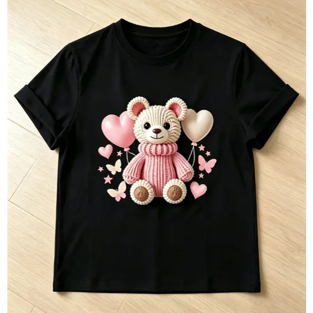 3D Knitted Effect Pink Teddy Bear Heart Butterfly Balloon Cute Graphic Short Sleeve T-Shirt, Unisex Summer Vacation Back To School Aesthetic Animal Casual Tops, 100% Pure Cotton Printed Craft Summervibes Tee, Soft Breathable Loose Fit daily outfits