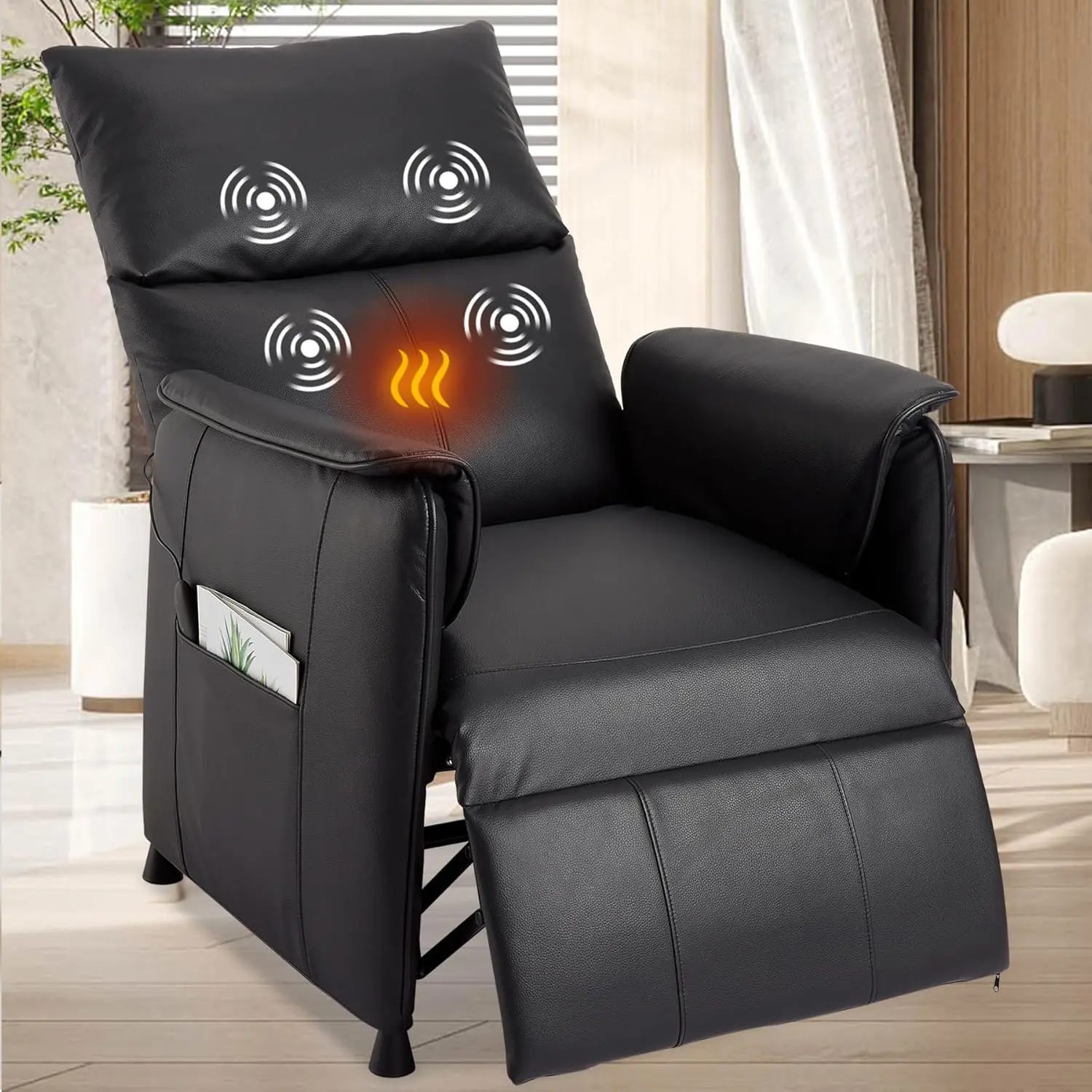 Garvee Electric Recliner Chair with Massage & Heat – Adjustable PU Leather Single Armchair – Remote Control & Padded Comfort – Home Theater or Living Room Seating – Black