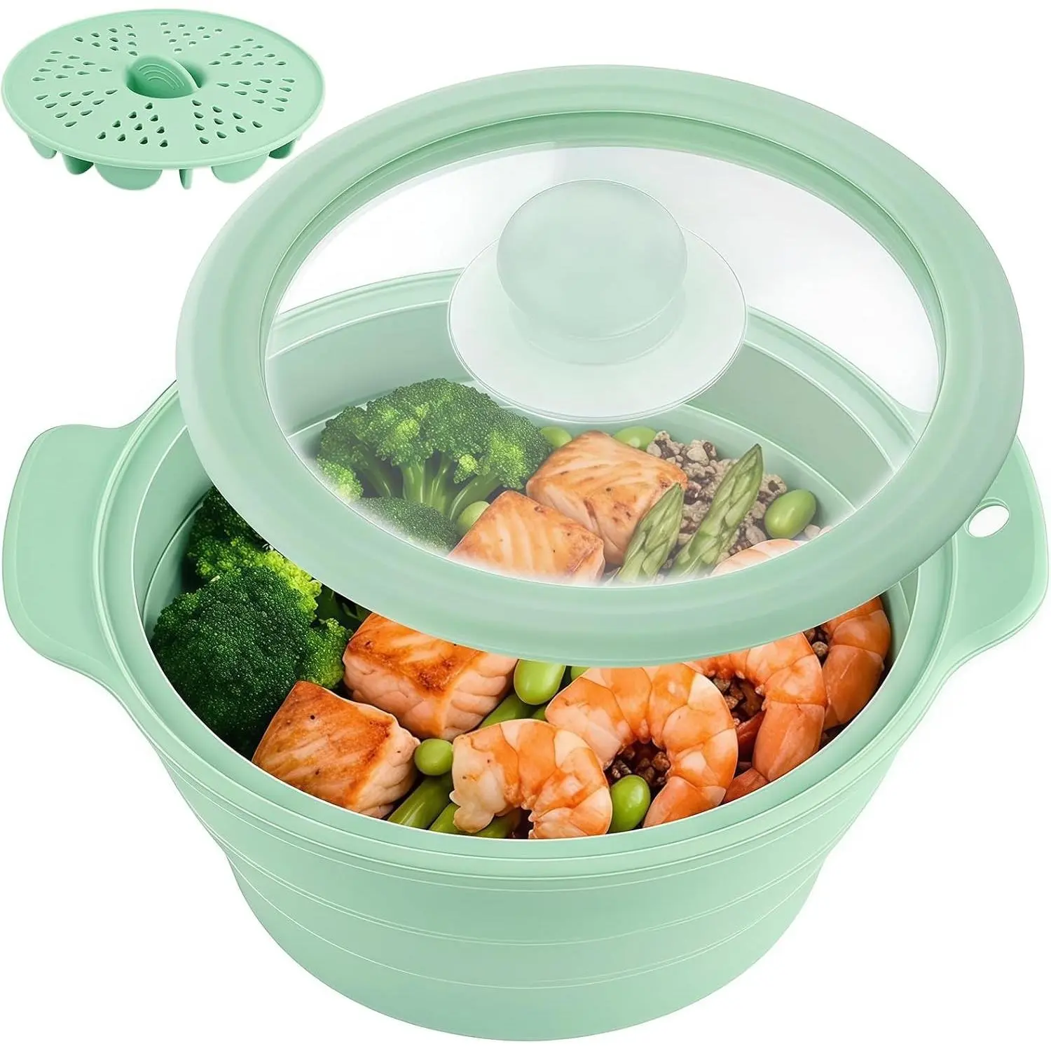 42oz Silicone Microwave Vegetable Steamer with Removable Steam Rack | BPA-Free Collapsible Silicone Steamer for Cooking Fresh & Frozen Vegetables,Dumplings, Seafood,Soup
