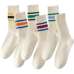 6 Pairs Of Neutral Crew Socks, Striped Retro Sports Calf Leather Socks, Casual Cotton Socks For Men & Women（7-15）Gift.