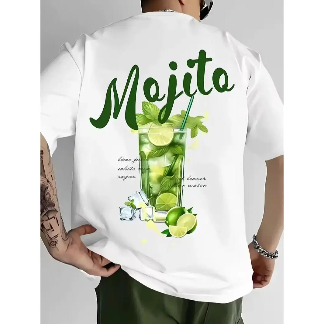 Unisex Mojito Lime Mint Ice Cocktail Drink Back Print Graphic T-Shirt, Vintage Printed Craft SummerVibes Casual Top, Refreshing Tropical Cocktail Recipe White Tee For Men Women, Lightweight Beach Bar Holiday Summer Daily Outfit