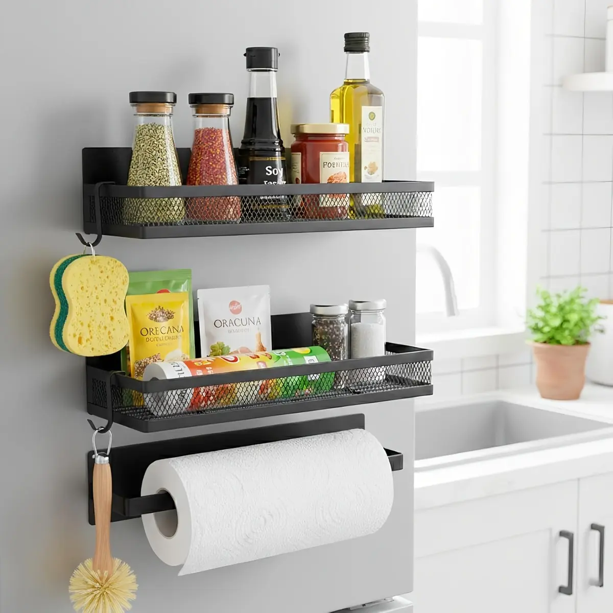 Magnetic Fridge Spice Rack Organizer Set of 3/5 - Minimalist Design No-Drill Refrigerator Storage Shelf with Paper Towel Holder - Versatile Side Wall Floating Hanging Containers for Kitchen Pantry Organization