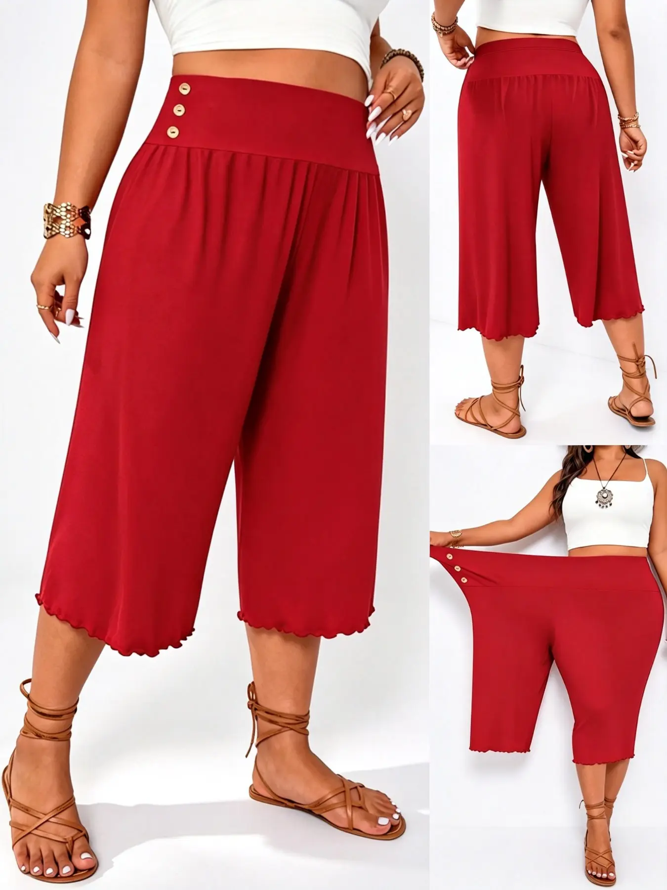Plus Size High Waist Ruffle Seven-Quarter Wide Leg Pants, Casual Vacation Style, High Elasticity Side Button Loose Fit, Fat Mm Daily Commute Beach Home Seven-Quarter Pants