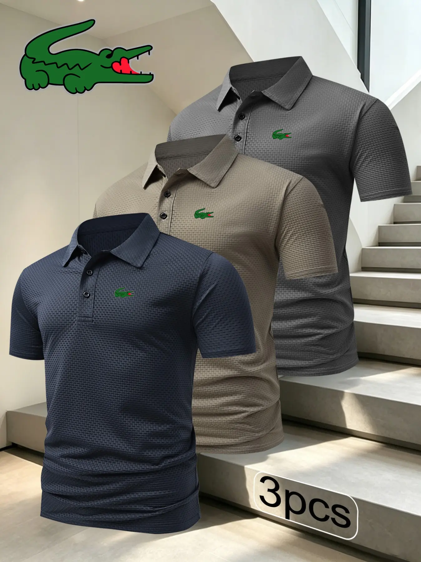 3-Pack Men's Crocodile Print Button Down Shirts, Elastic Comfortable Breathable All Seasons High-Quality Polo Tops