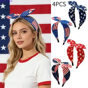4-Piece 4th of July Patriotic Headbands, Star & Stripes Rabbit Ear Bow Hairbands, US Independence Day Hair Accessories for Parades Holiday Events
