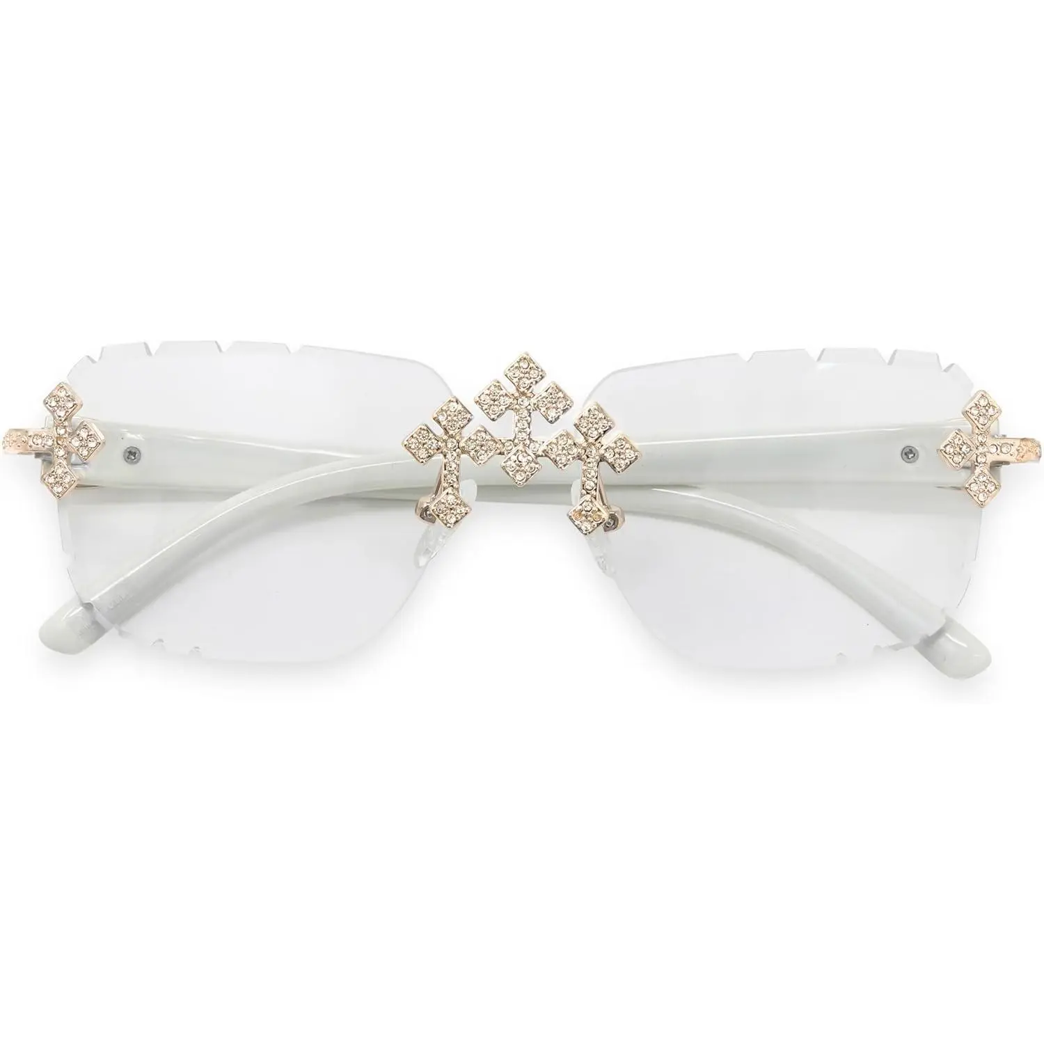 Triple Cross Frameless Sunglasses, Glam Hip-Hop Statement Shades for Men & Women with an Alloy Frame & UV400 Sun Protection, Statement Frame Glasses, Iced-Out Detail, Rimless, Uv-Protection Lens, Simulated Crystal, Unisex, Cross Pattern, Metal
