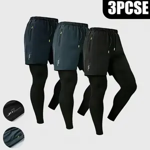 Men's 3-1 Pack 2-in-1 Running Shorts, Quick Dry Athletic Compression Pants with Zipper Pockets