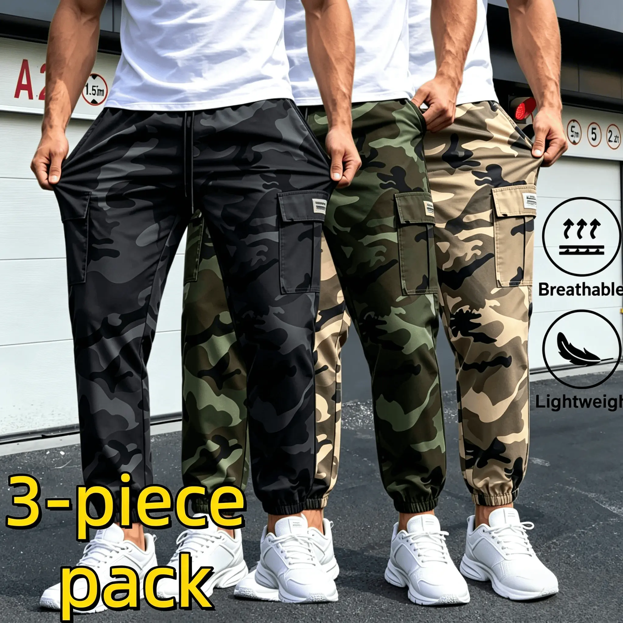 3 Pack Men's Camouflage Hiking Work Pants with Adjustable Elastic Drawstring Waistband Multi Functional Storage Pockets Elastic Drawstring Ankle Cuffs Versatile Outdoor Trousers for Hiking Climbing Sports Streetwear Daily Commuting