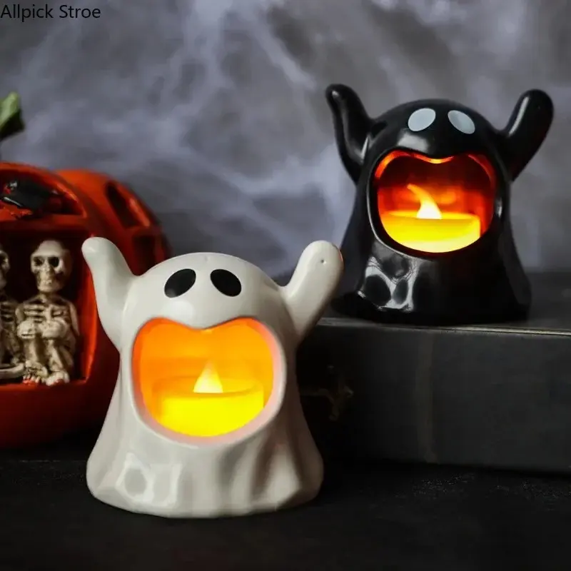 Halloween LED Ghost Flameless Candle Lights, Black & White Light-Up Ghost Candles for Indoor Home Decor, Spooky Tabletop Decorations, Halloween Party Supplies, Mantel, Shelf & Fireplace Display, Halloween Home Decor