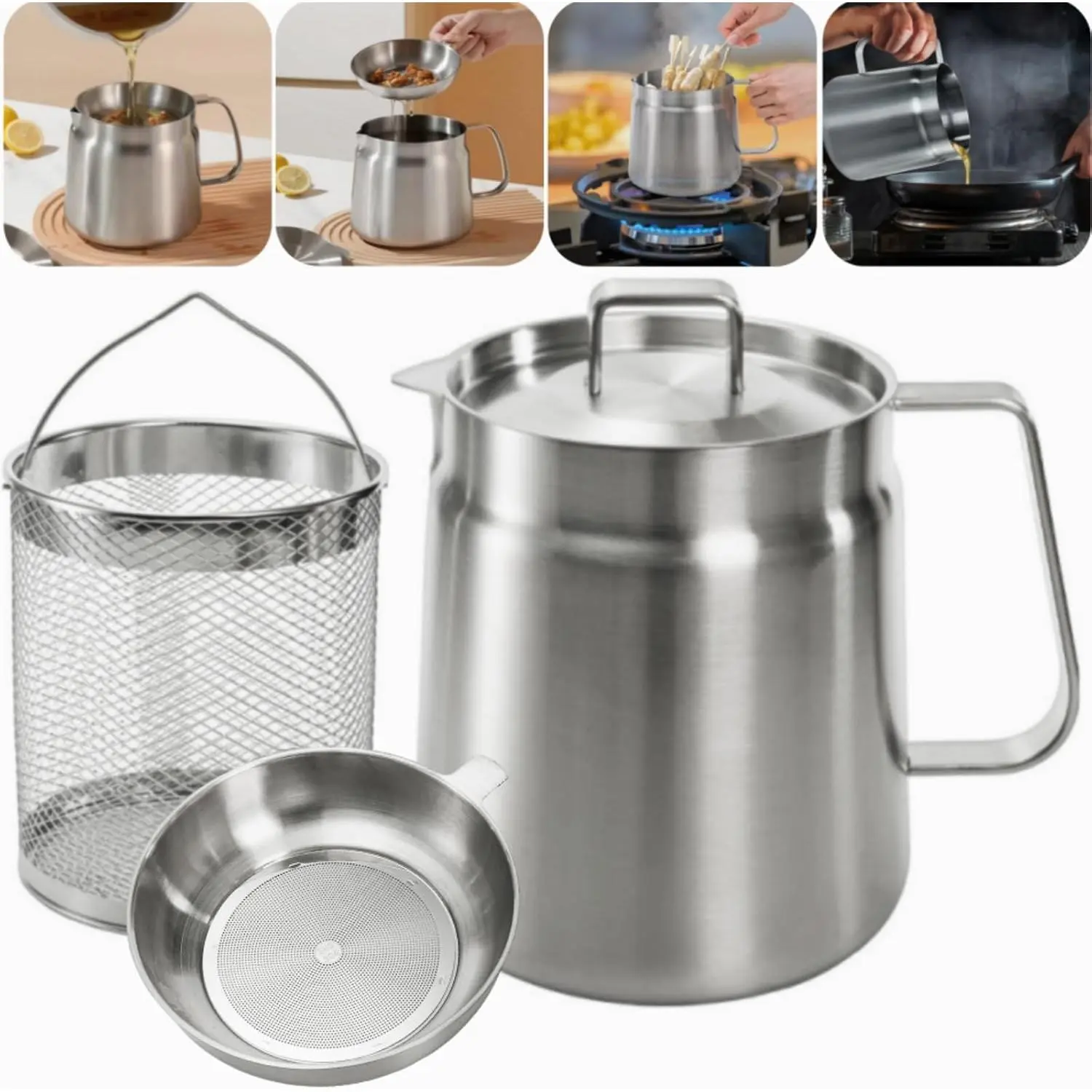 304 Stainless Steel Oil Filter Pot, 68 Oz Deep Fryer Pot with Strainer Basket, Versatile Large Capacity Bacon  Container Cooking Oil Saver for Kitchen, Restaurant, Camping