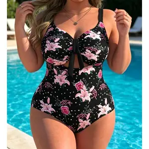 2026 Plus Size Floral Polka Dot One-Piece Swimsuit - Tummy Control with Bow Cutout Detail, Adjustable Straps, Flattering Black Floral Print for Beach Vacations & Pool Days Summer Vibes