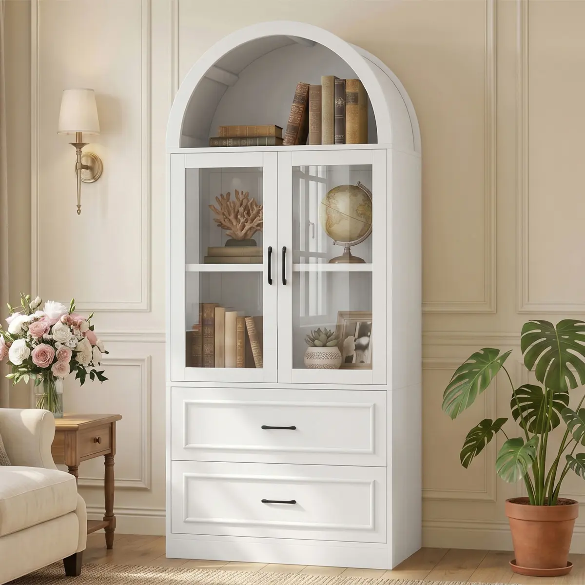 71"  Modern Cabinet with Arched Top Storage, Glass Doors and Two Drawers for Bathroom, Kitchen, Living Room or Dining Room, Soft-Closing, White