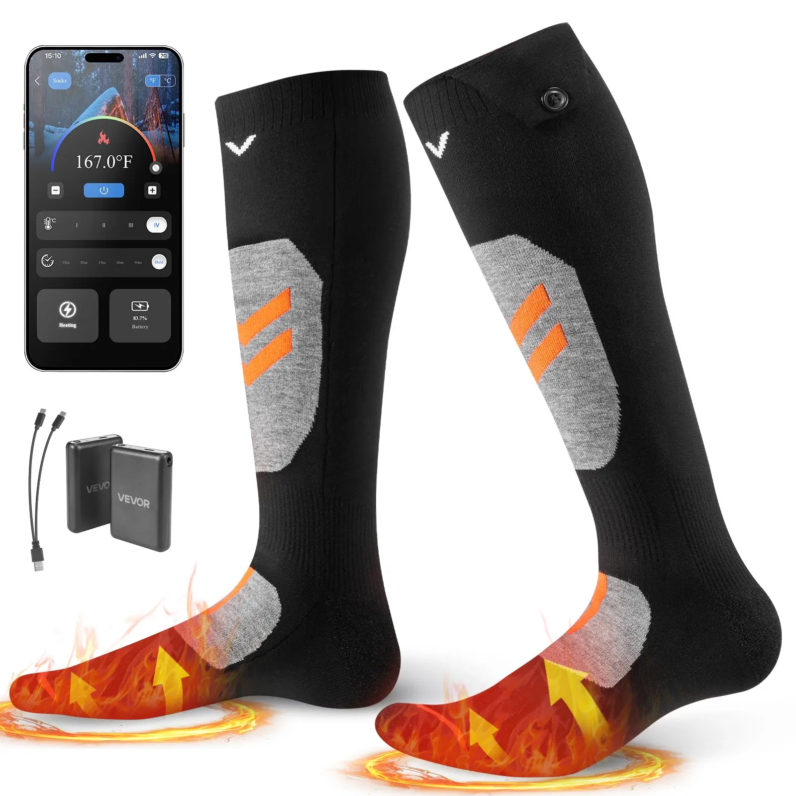 【DealsForYouDays】VEVOR Heated Socks, X-Large Size, 5000mAh Battery Rechargeable Heating Socks with 4 Heating Levels, Electric Heated Sock with APP Control for Men Women, Foot Warmer for Hunting Riding Camping Hiking