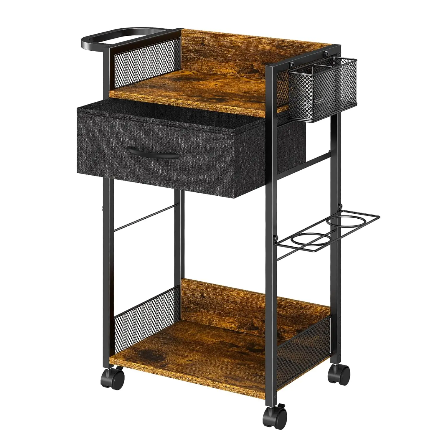 Modern Coated Steel Salon Trolley Cart with Wheels, Mobile Hair Stylist Station with Tool Holders, Large Fabric Drawers, Rolling Barber Table with Basket, Easy-Setup Storage for Salon & Barbershop, Black