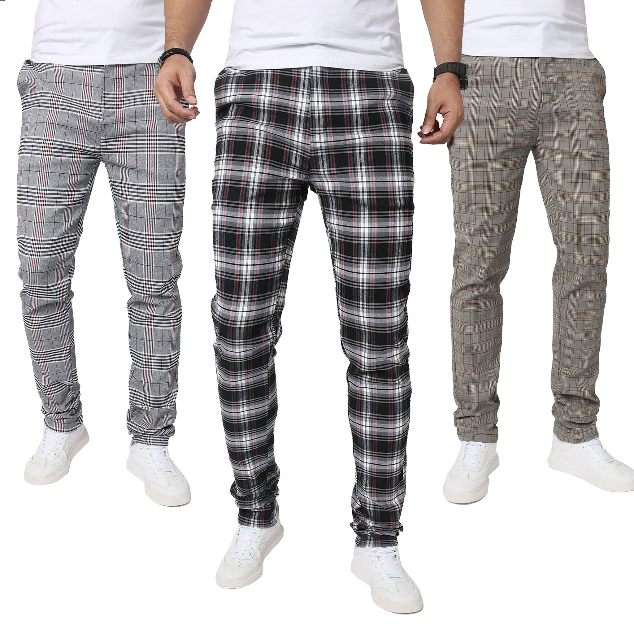 JUNBAOSS Men's Slim Fit Checked Print Pants, Mid Waist Stretch Cotton Blend Trousers with Button Closure and Comfort Flex Waistband, Casual Suit Pants, Street Chic, Year-Round, All Seasons, Business, Cold Wash, Rayon, Straight Pants