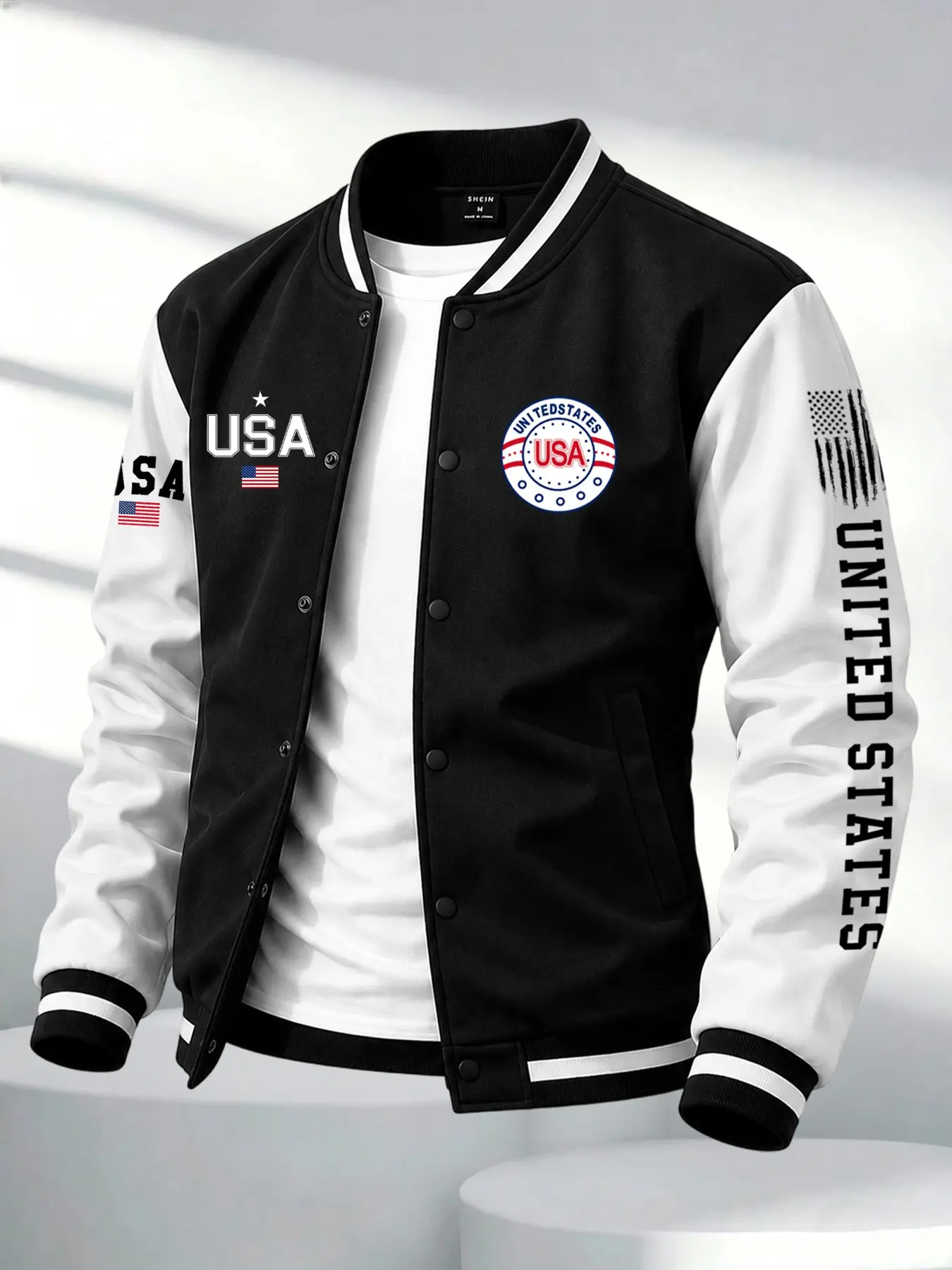Men's Fall Winter Patchwork Usa Print Baseball Jacket, Vintage Star Flag Shoulder Baseball Coat, Casual Fitted Jacket