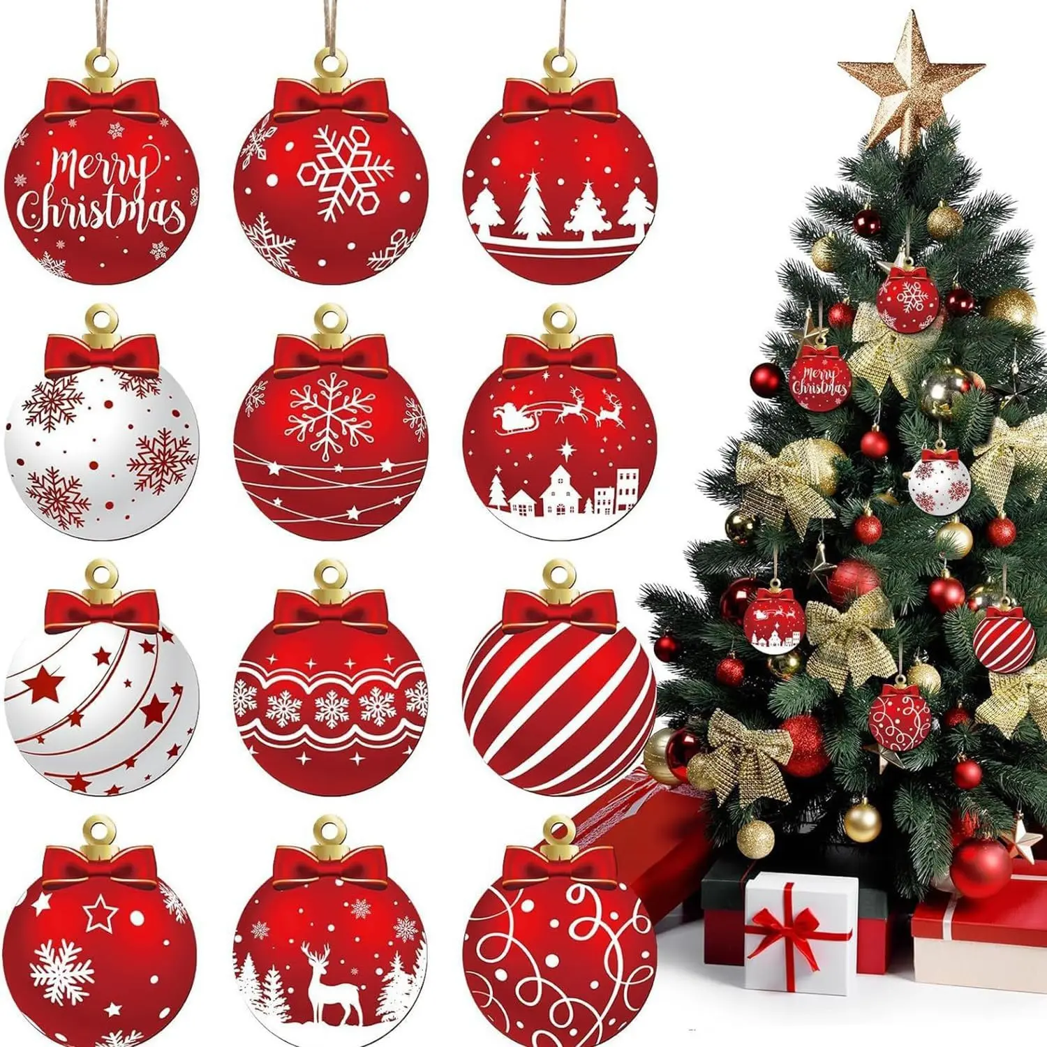 12Pcs Classic Red and White Christmas Wooden Ornaments Set - Wooden Balls with Hanging Holes, Merry Christmas Snowflakes, Santa Designs for Tree Decorating Winter Holiday Festive Home Decor, Reindeer Shapes