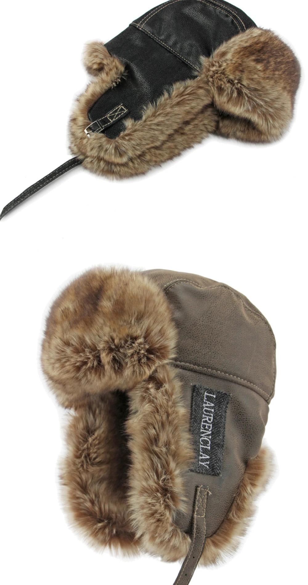 HT4241 Bomber Hat New Thick Warm Men Women Russian Fur Hat Male Windproof PU Leather Ski Trapper Earflap Cap Winter Hat Ushanka