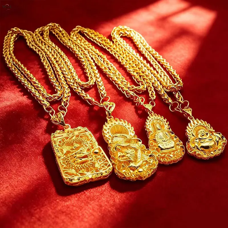 Men's 4-Style Hollow Pendant Necklace Set - Alloy Chain with Carved Maitreya Guanyin, Dragon, Square Dragon Charms - Hip Hop Lucky Amulet Statement Costume Jewelry, Carved Charms