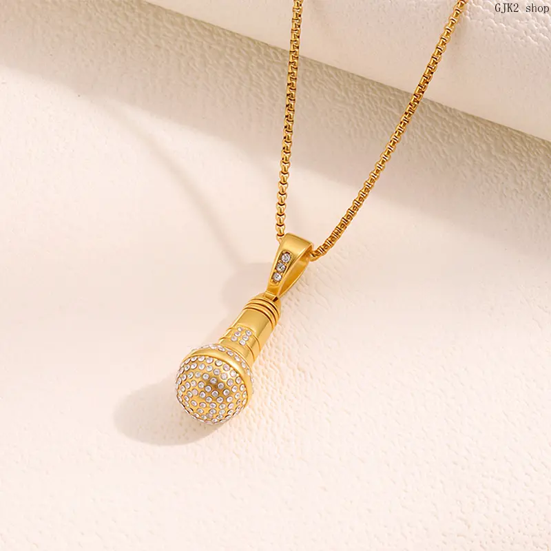 Gold Tone Rhinestone Microphone Pendant Necklace, Singer Music Lover Box Chain Necklace for Men Women
