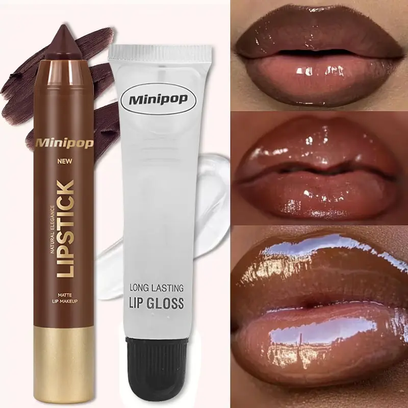 Lip gloss and lip oil two-piece set, matte finish lipstick, lip liner, waterproof and long-lastingMakeup