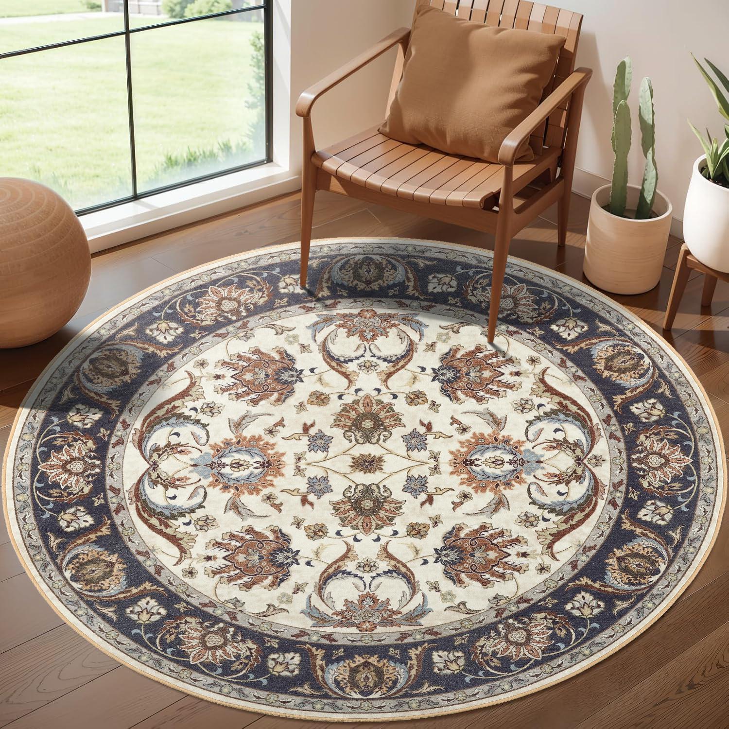 Retro round carpet, non slip low plush round carpet for living rooms and daycare, Bohemian printed indoor carpet