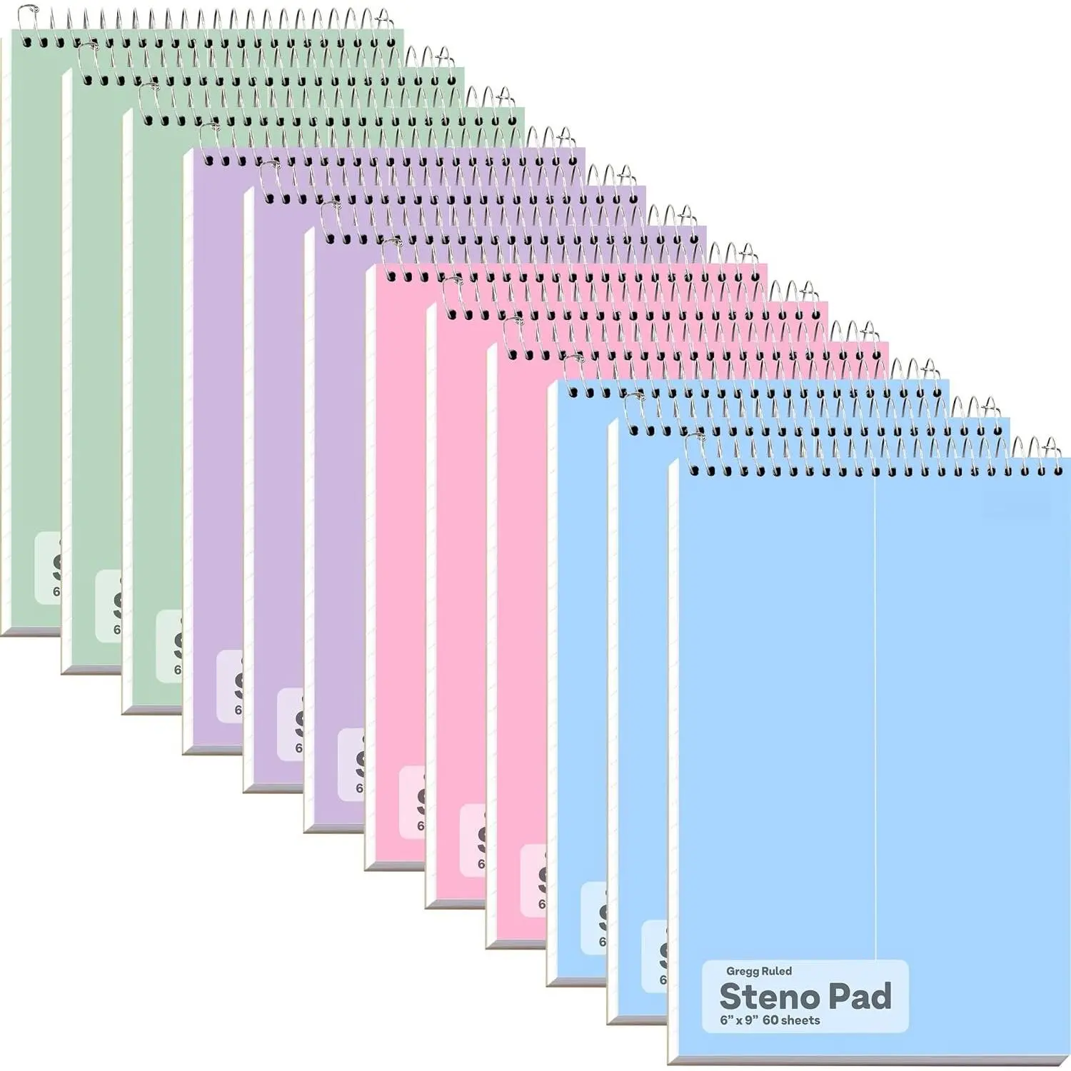 Steno Pads Spiral 6x9 12 Pack, Pastel Colors Gregg Ruled Steno Pad, White Paper Spiral Notepad, 60 Sheets Top Bound Steno Notebook for School, College, Work and , 4  Colors