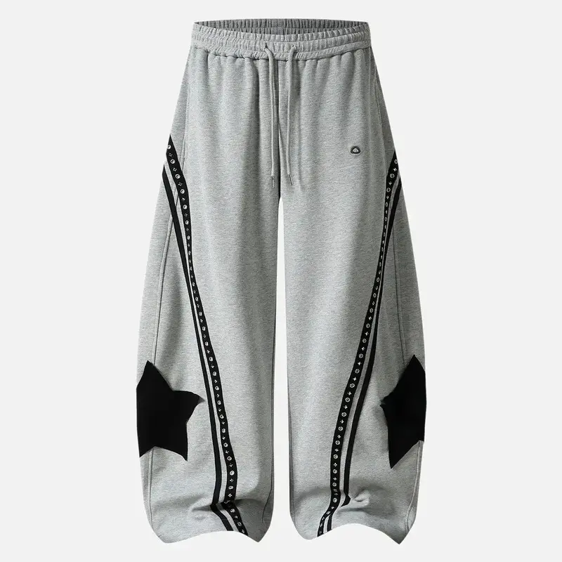 Aelfric Eden Unisex High-Waist Panel Cotton Blend Sweatpants, Oversized Cut Baggy Barrel Wide-Leg, Star Patches & Studded Stripe Detail, Athleisure Wear Streetwear Sports Bottoms, Sporty Chic, Sporty Sports Bottoms