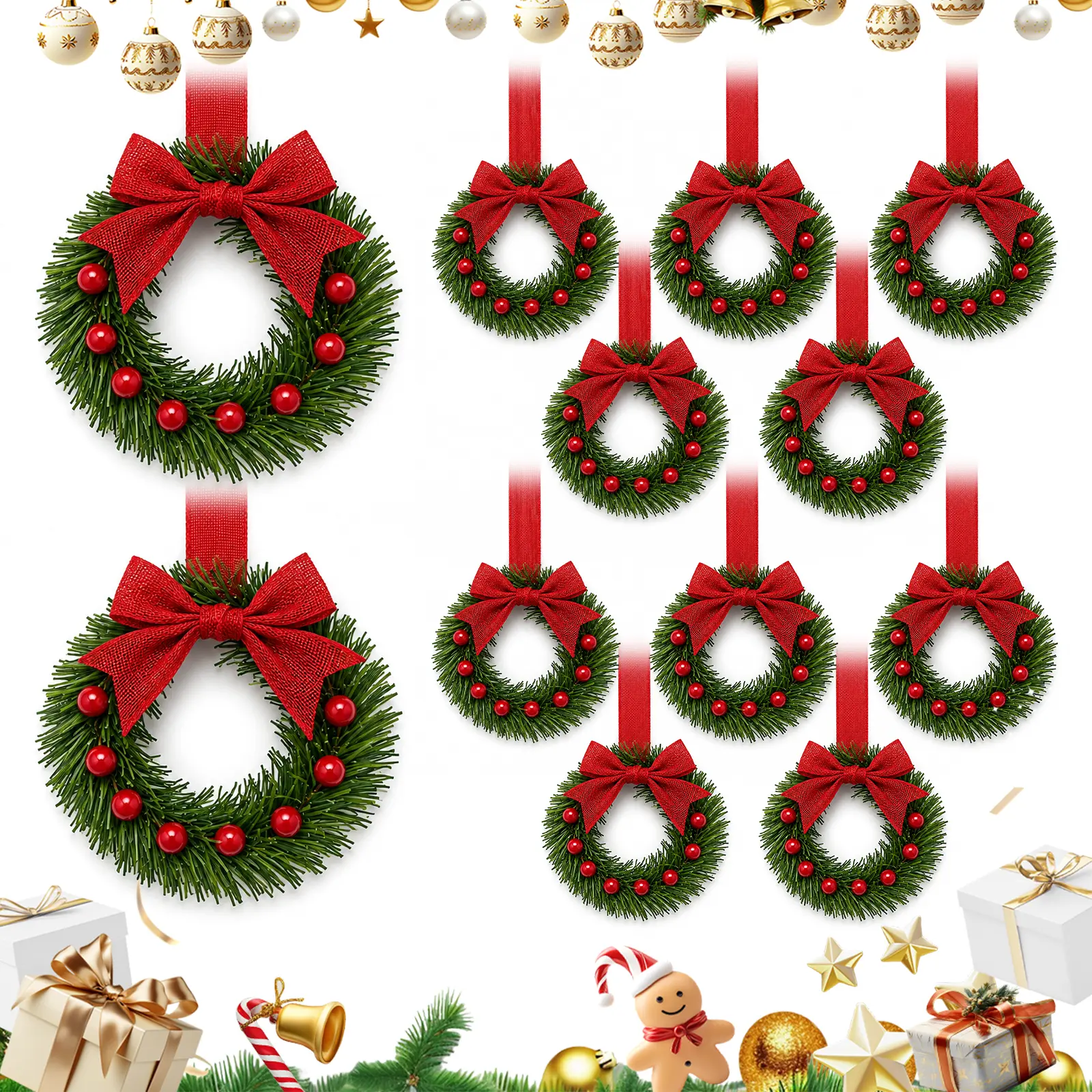 12pcs Mini Christmas Wreath Set,10" Christmas Wreath with Bow&Berry | Small Christmas Wreath WIth Pine Needles Branche,Bow,Berry for Cabinets,Windows Outside, Pet Door Decoration
