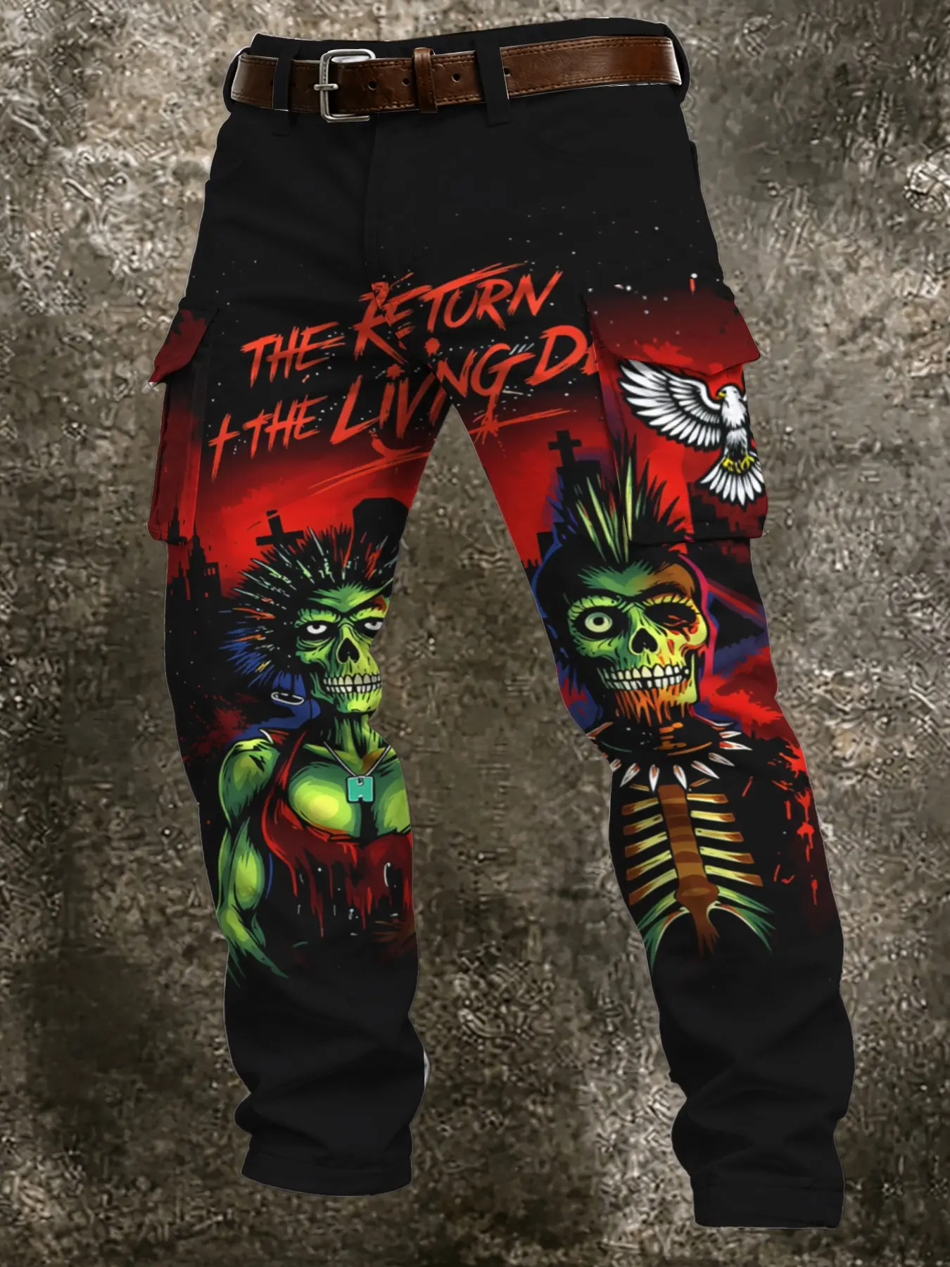 Men's Streetwear Graffiti Multi-Pocket Cargo Pants, All-Season Casual Long Trousers, Ideal for Halloween Camping Fishing Back-To-School