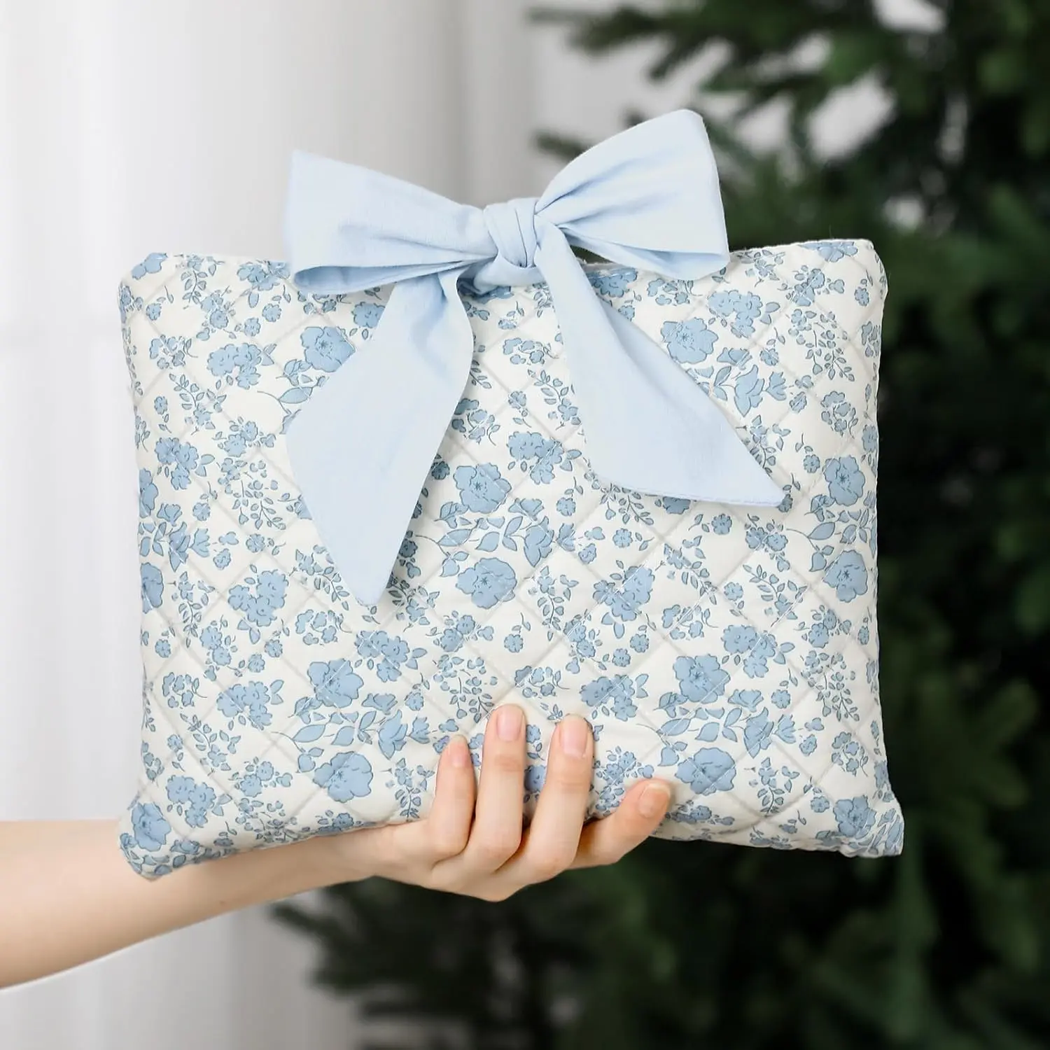 11x9 in Quilted Bow-Sleeve Bible-Fit Book Cover Case, Padded Washable Protector Bag with Bow Closure, Christian Gift for Women Book Lovers (Blue Floral)