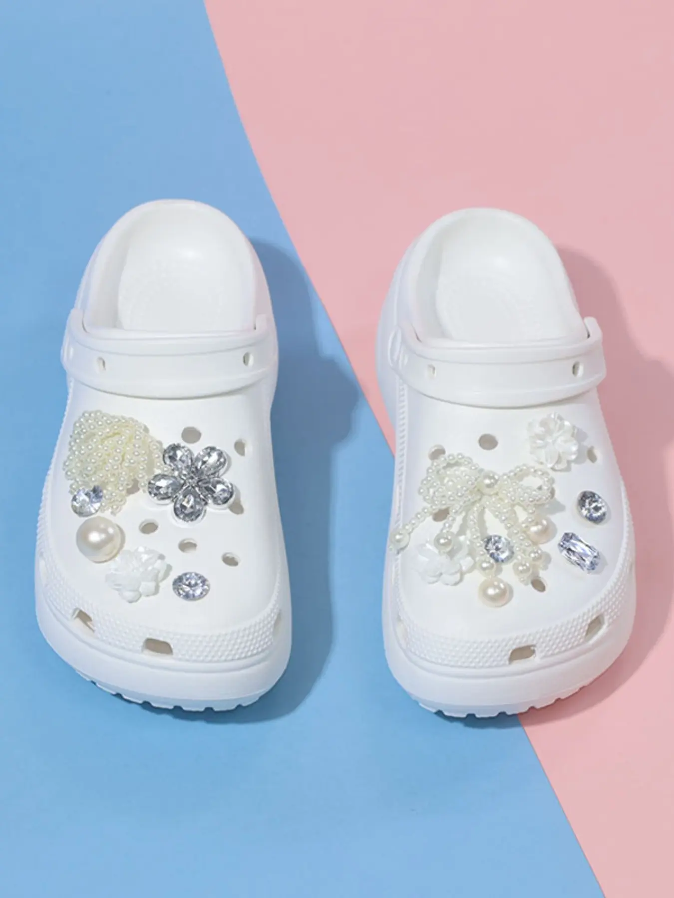 Luxury Rhinestone Pearl Bow Butterfly Cloud Eva Holes Shoes, Cute Thick Sole Sandals for Home and Outdoors, All Seasons Comfortable Footwear