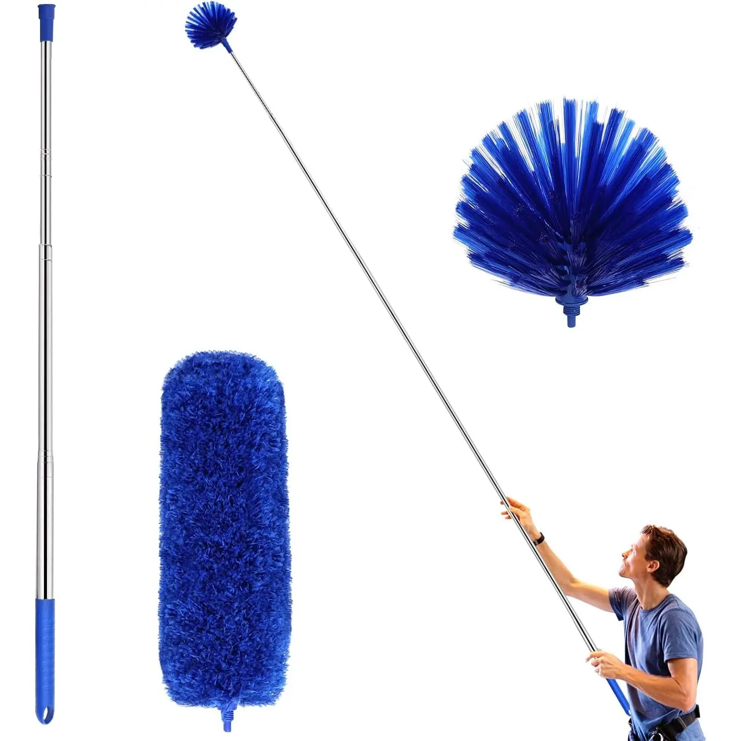Cobweb Duster with ExtensionPole, Washable Cleaning Duster Kit with 2 DusterHeads, Cobweb Duster, Corner Brush, Telescoping Pole for Ceiling Fan (Blue)