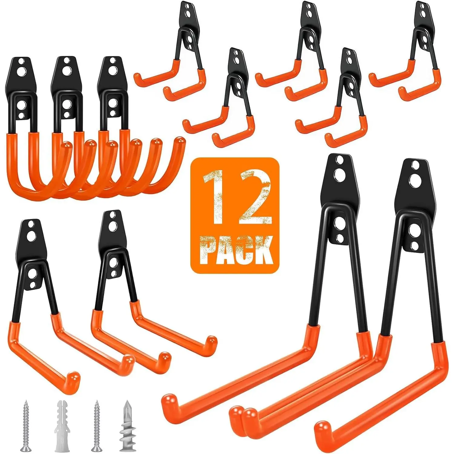 Heavy Duty Wall Mount Steel 12 Pack Orange Garage Storage Hooks | Wall Hooks Geavy Duty for  , Ladder, Garden Tools,Broom,Hose,Anti-Slip Coating Garage Wall Organization