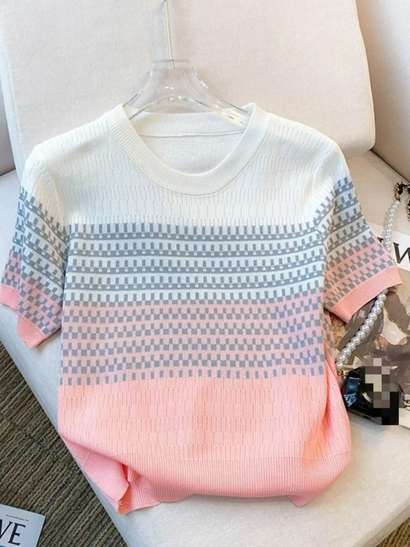 Women's Colorblock Gradient Checkered Stripes Short Sleeve Knit Top, Elegant Slim-Fitting Crew Neck, Perfect for Spring Summer, Casual