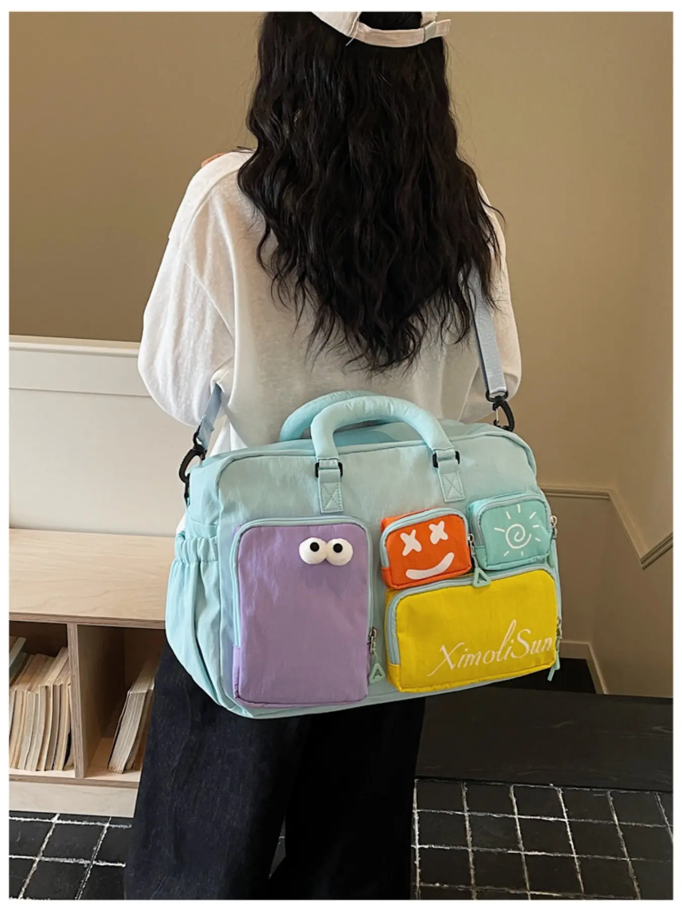 Cute Dopamine Color Block Travel Duffle Bag, Large Capacity Weekend Overnight Bag, Handheld Crossbody Gym Yoga Dance Bag, Women's Lightweight Luggage