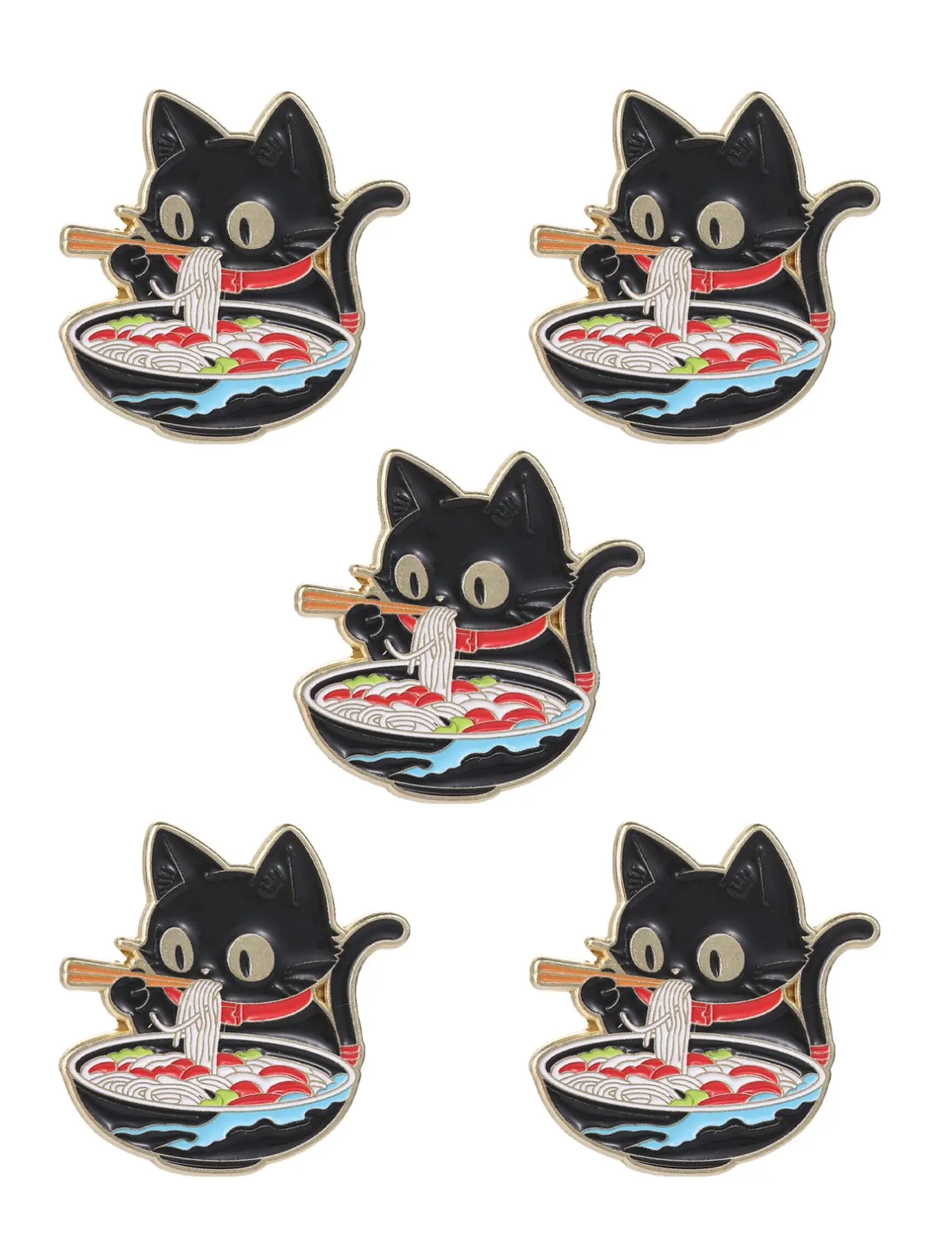 5pcs Healing Japanese Ramen Cat Enamel Pin, Adorable Foodie Cartoon Metal Brooch, Creative Gift for Cat Lovers