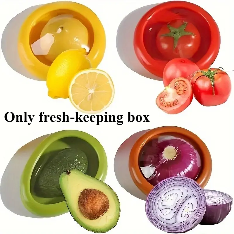 Four mini fruit and vegetable keepers shaped like lemon, tomato, avocado and onion, for storing cut produce to maintain freshness.