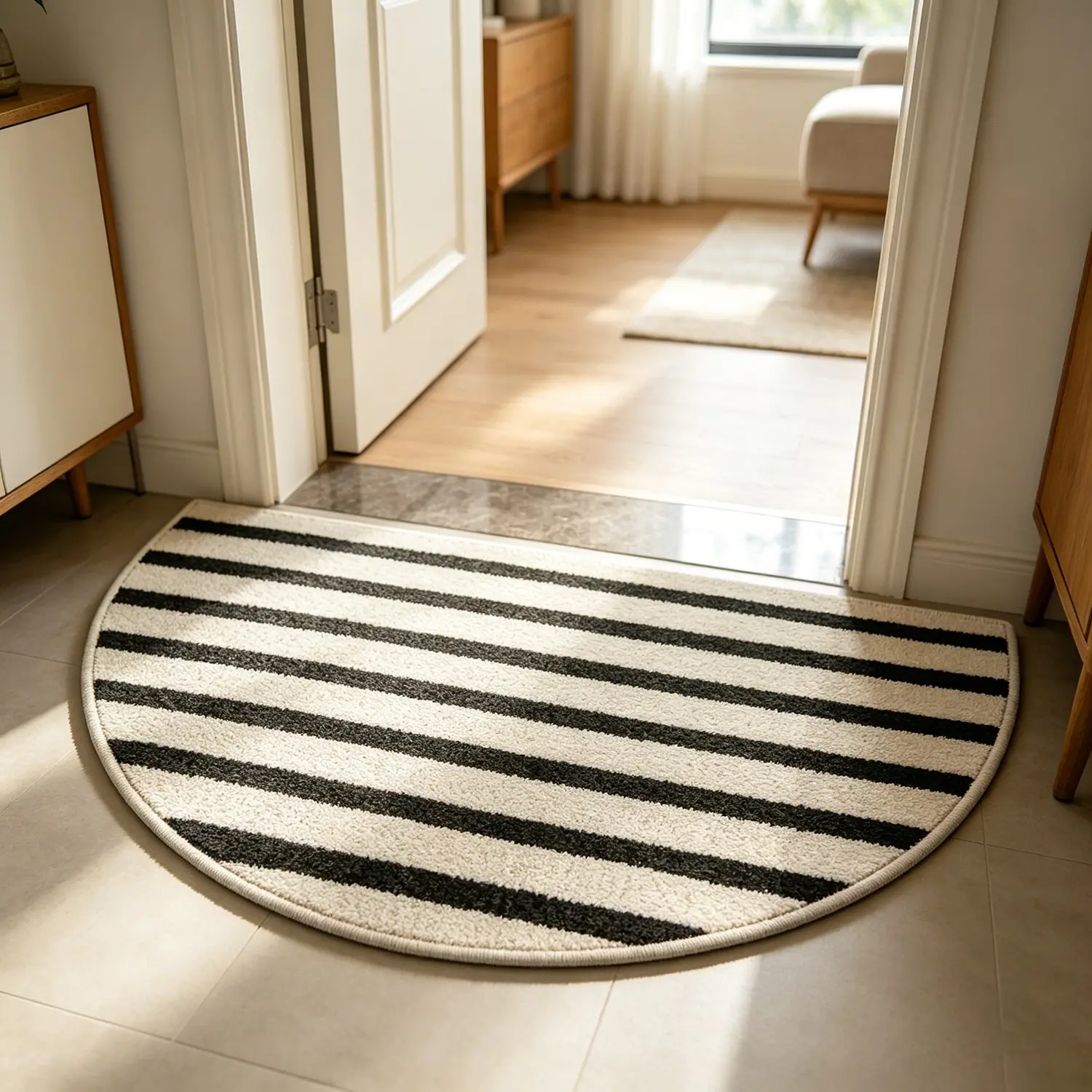 1pc Black and White Striped Semi-Circular Entrance Mat, Nordic Style Door Mat, Soft Plush Rug for Indoor/outdoor Use, Bedroom Bathroom Entryway, Hallway Rug, Home Decor Rug