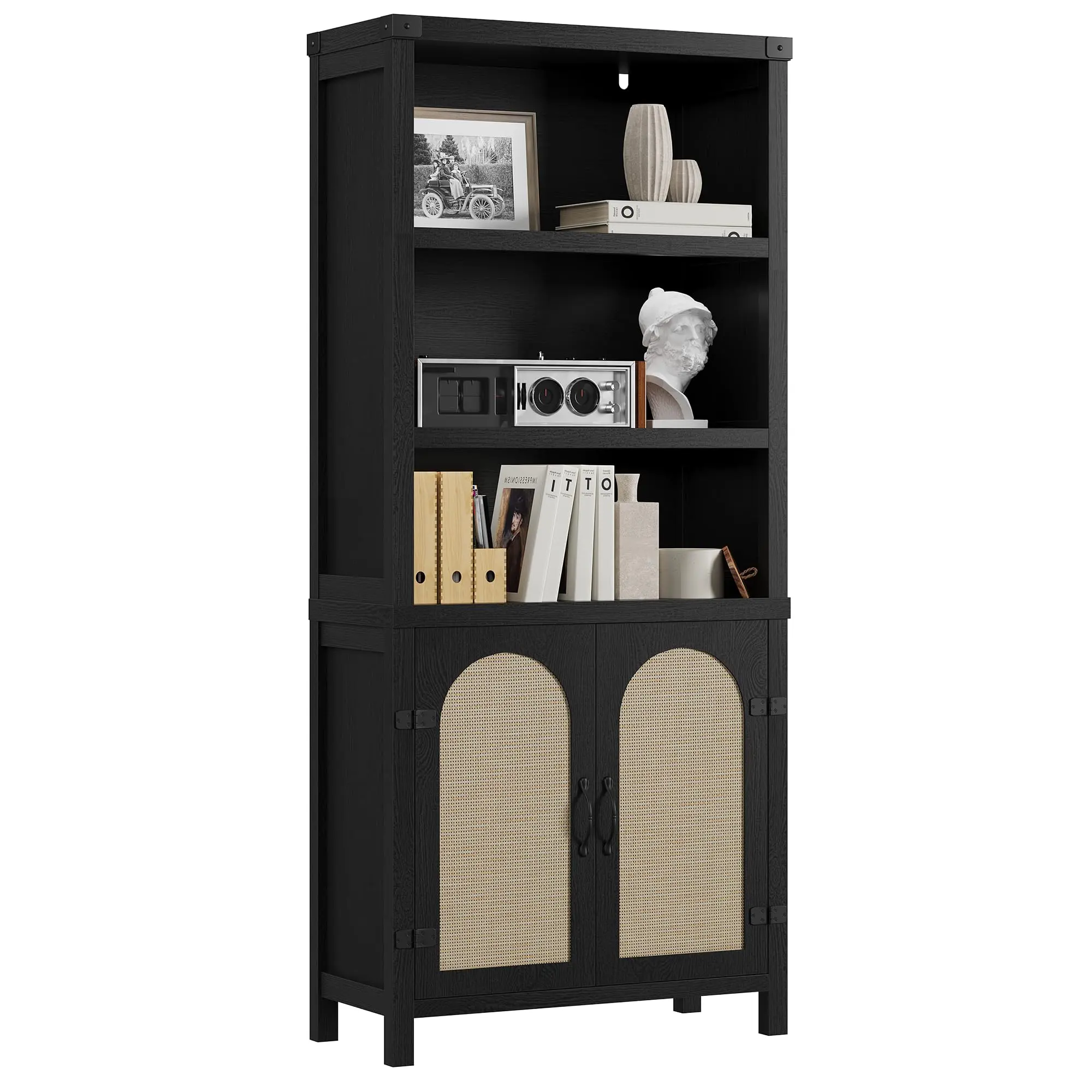 Garvee Tall Bookshelf with Storage, Bookshelves and Bookcases with Doors, 5 Tier Storage Cabinet for Living Room, Home Office, Black