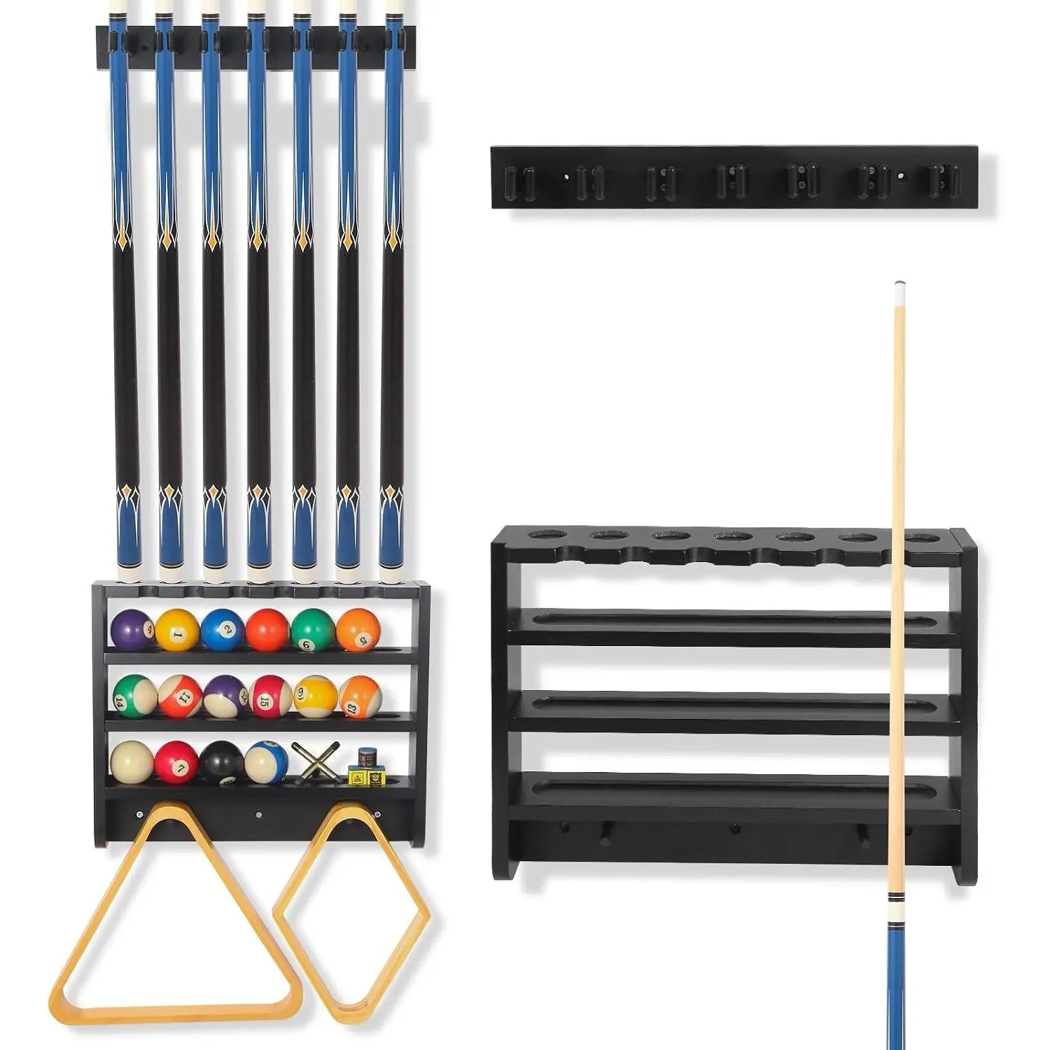 7 Pool Cue Rack Wall Mount with Cue Rest and Ball Holder, Wooden Pool Table Accessories Organizer, Billiard Cue Racks for Game Room Man Cave - Black