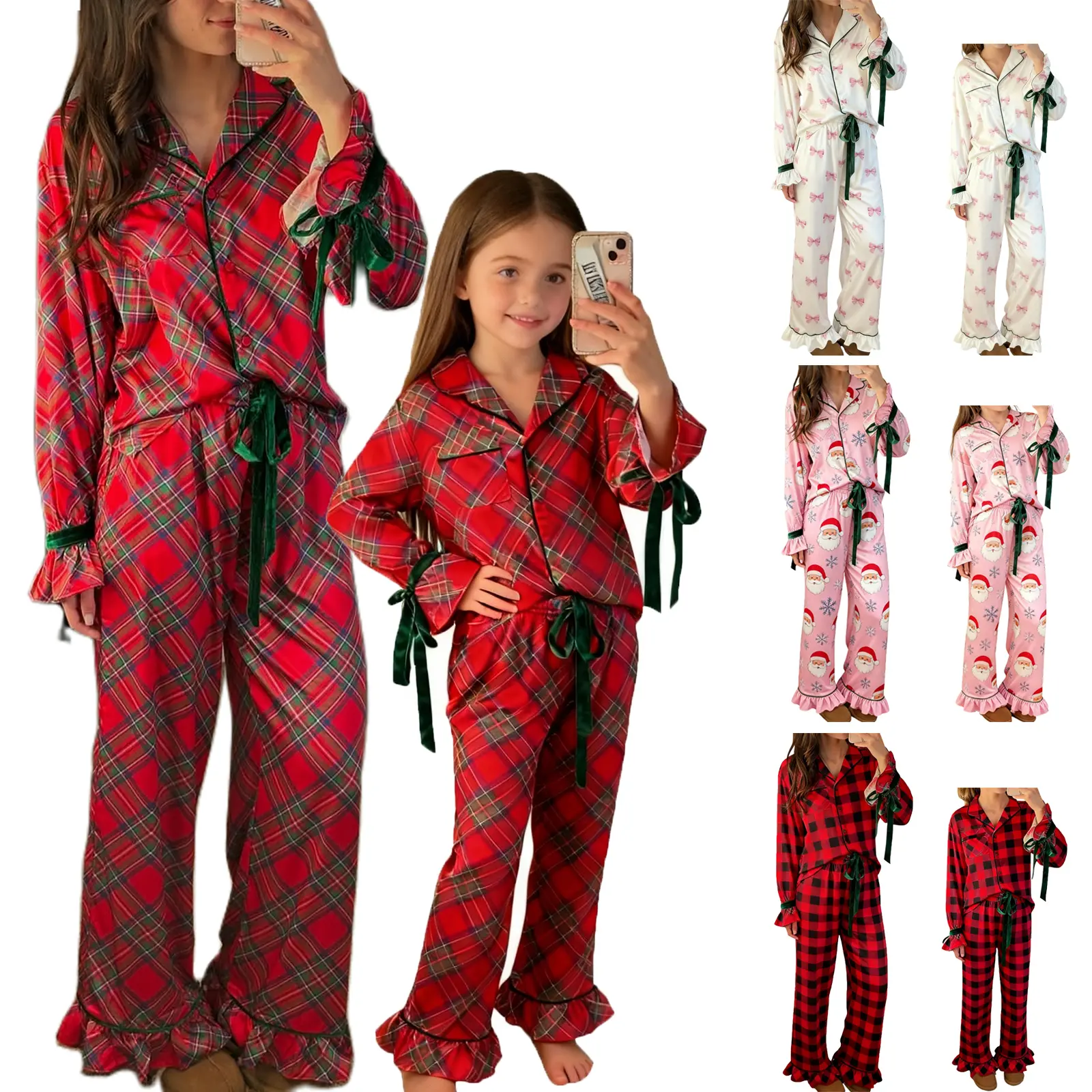 Babamoon Mommy & Daughter 2-Piece Christmas Plaid Sleepwear Set, Polyester Long-Sleeve Bow Tie Tops & Loose Pants, XMAS Nightwear (Baby & Maternity Category)