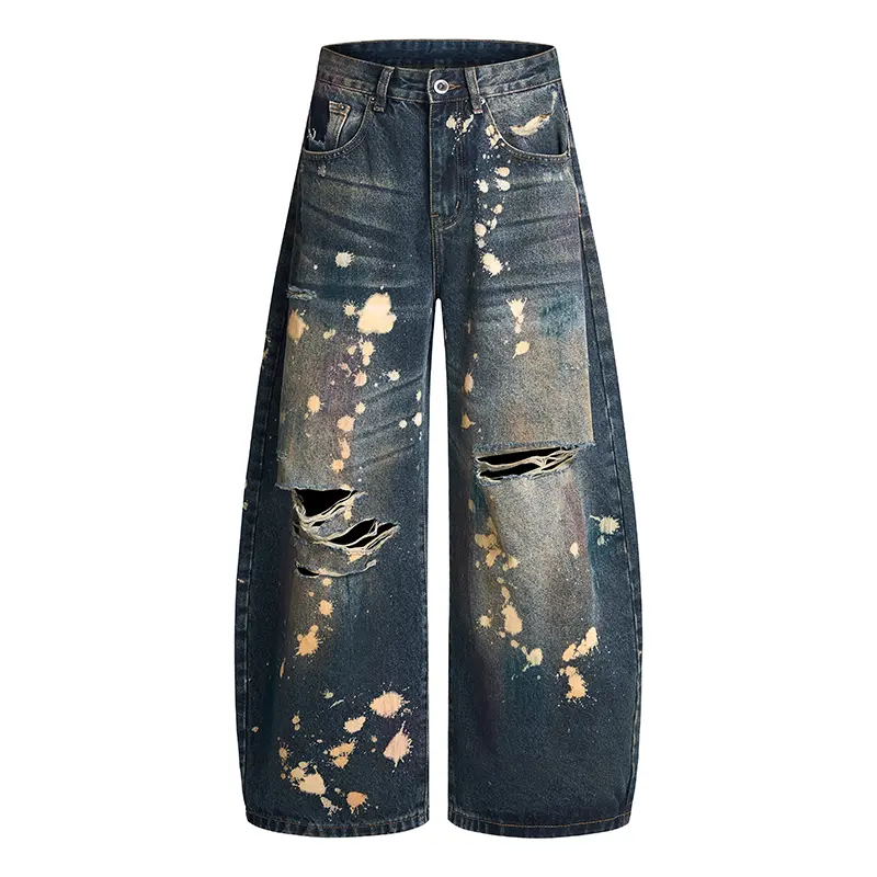 Men's Vintage Gradient Yellow Splatter Spot Ripped Denim Long Pants, Multi-layer Frayed Tattered Distressed Craft, Washed Vintage Denim Fabric, Three-Dimensional Drapey Fit, High Street Retro Casual Trousers # SummerWins # fathersdaygift