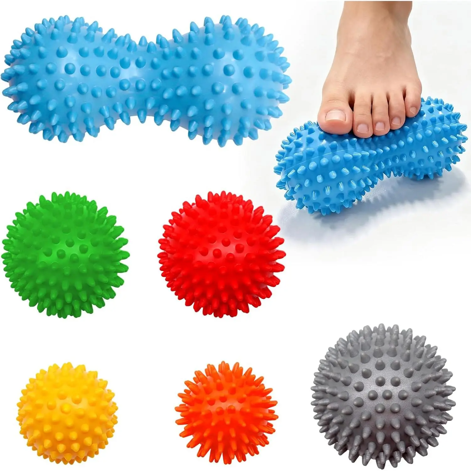 6-Pack Spiky Massage Balls Set for Baby Care - Hard/Medium/Soft Textured Balls for Foot Care, Pain Relief, Massage Muscles, Myofascial Release, Acupressure and Stress Relief, Roller Balls