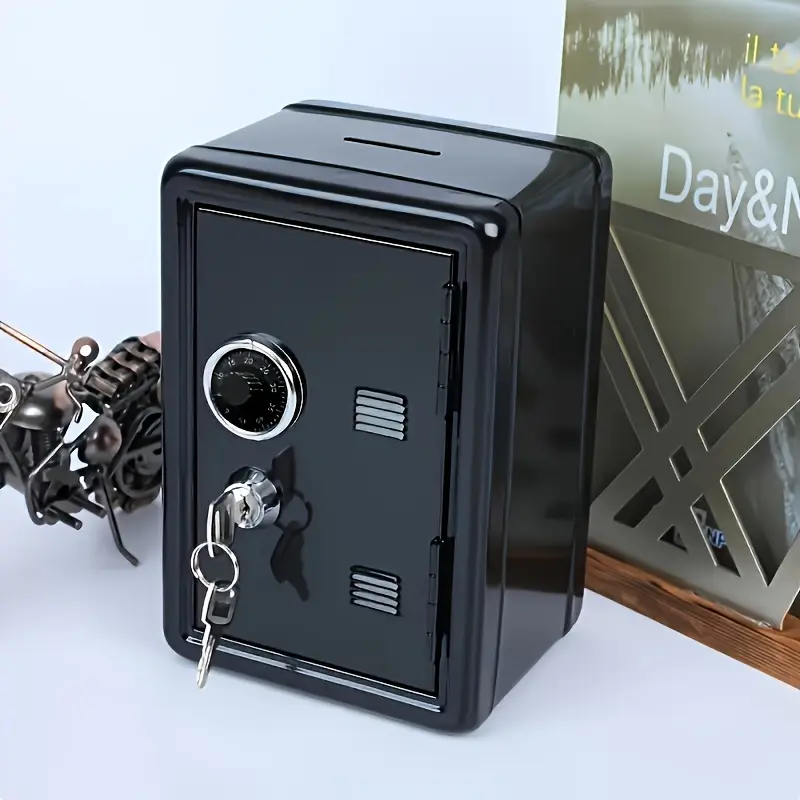 Black mini metal safe box with key and password dual protection, sturdy and drop resistant design, no need for power supply, large storage capacity, safe, piggy bank, safe, portable safe